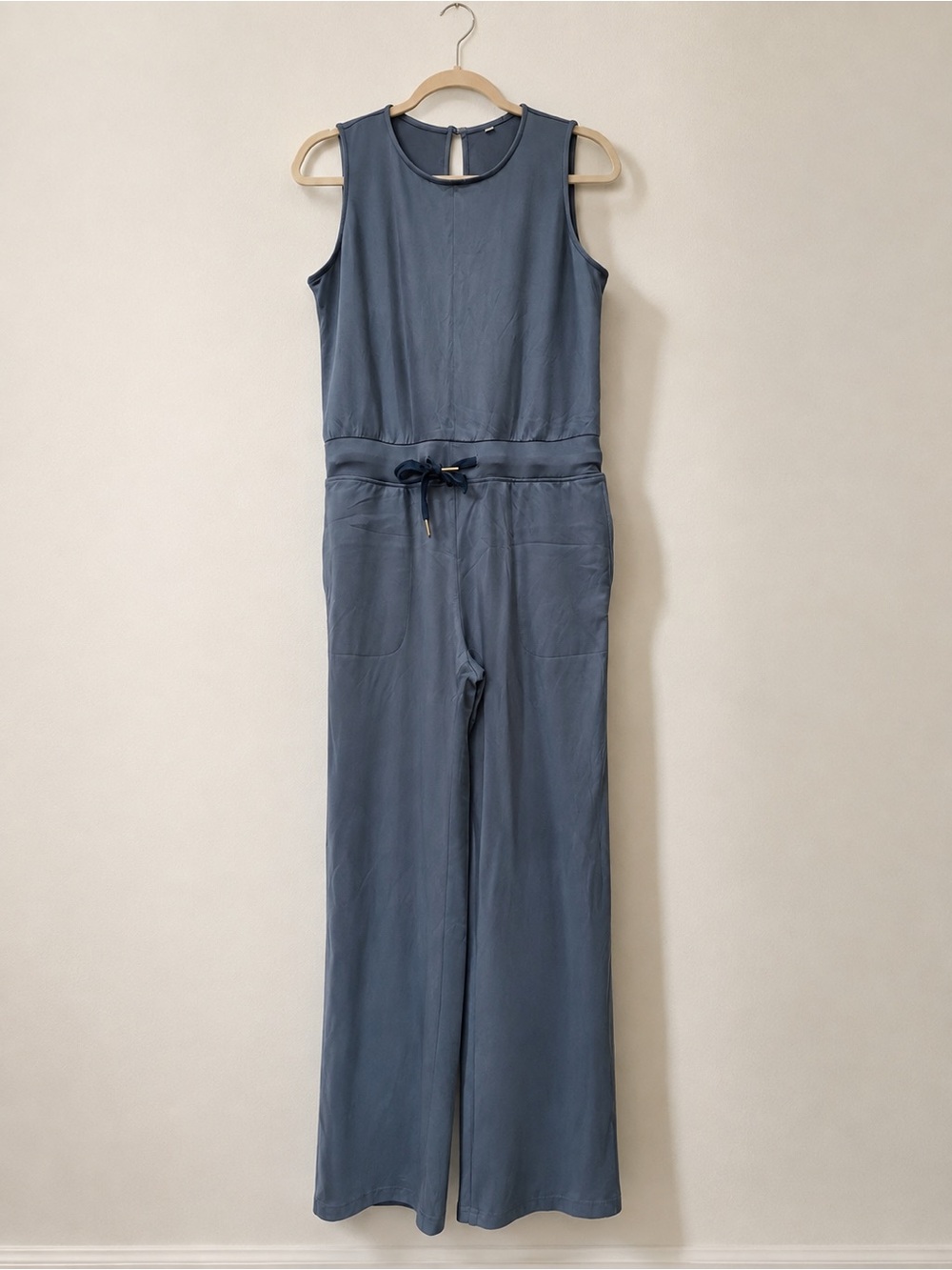 Sleeveless Slate Blue Wide-Leg Jumpsuit with Drawstring Waist